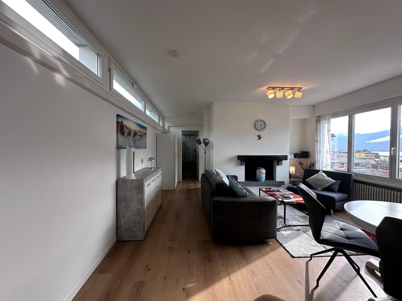 modern interior design, hardwood floors, large windows, fireplace, modern sofas, coffee table, dining table, radiators, picture frame, modern lamps, ceiling lights