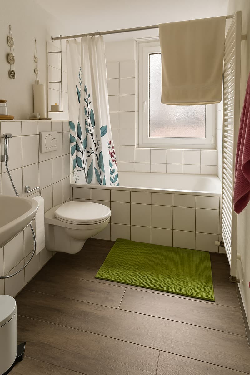 Bathroom with sink, toilet, bathtub, and shower curtain, green rug, towel rack