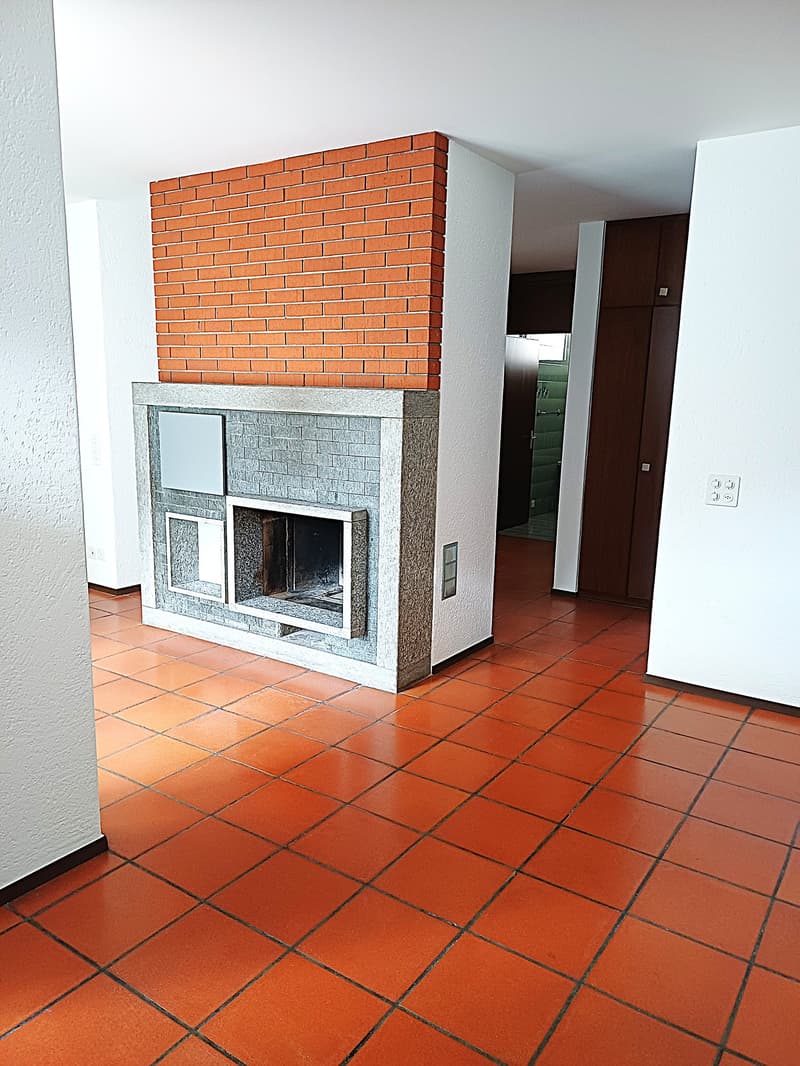 empty room, fireplace, red tiles, white walls
