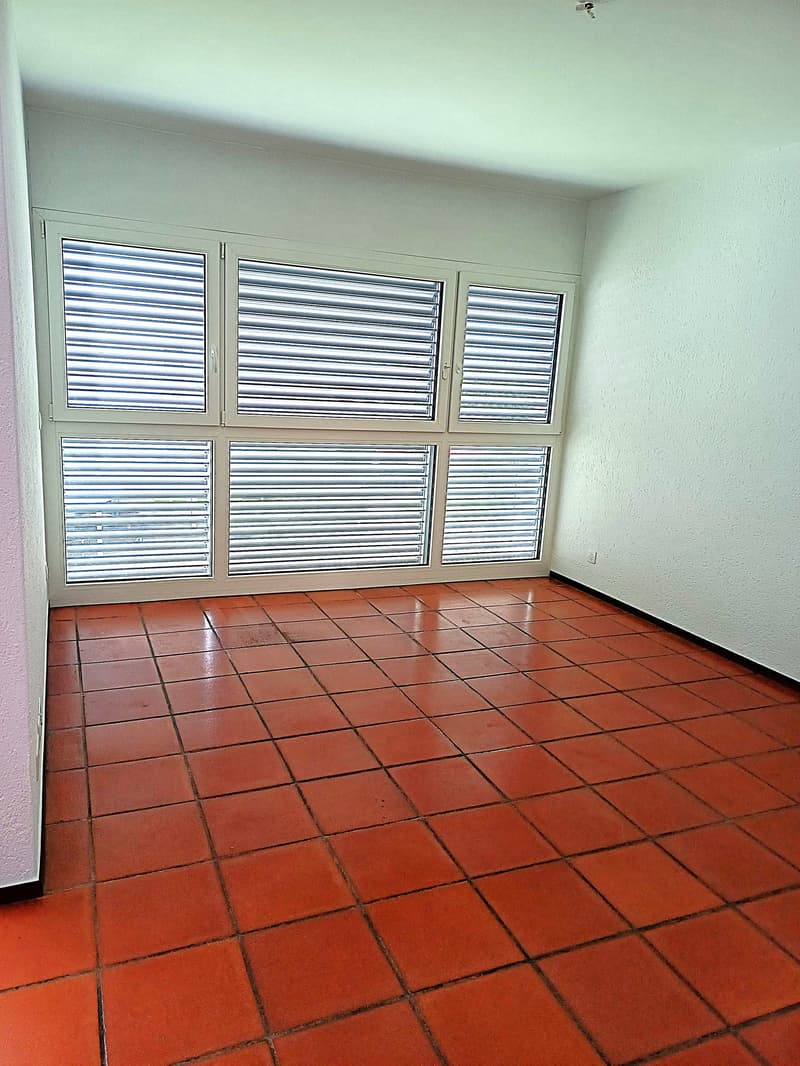 empty room, red tiles, white walls, large windows, balcony