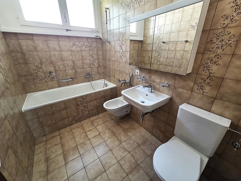Bathroom with bathtub, toilet, sink, and mirror with floral tiles