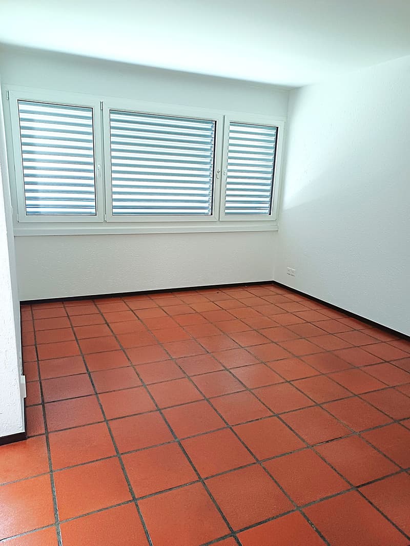empty room, white walls, red tiles, 2 windows with shutters