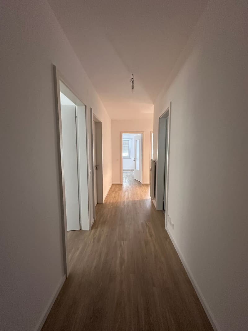 Empty hallway with wooden floors and white walls, doors on both sides, and a light fixture on the ceiling.