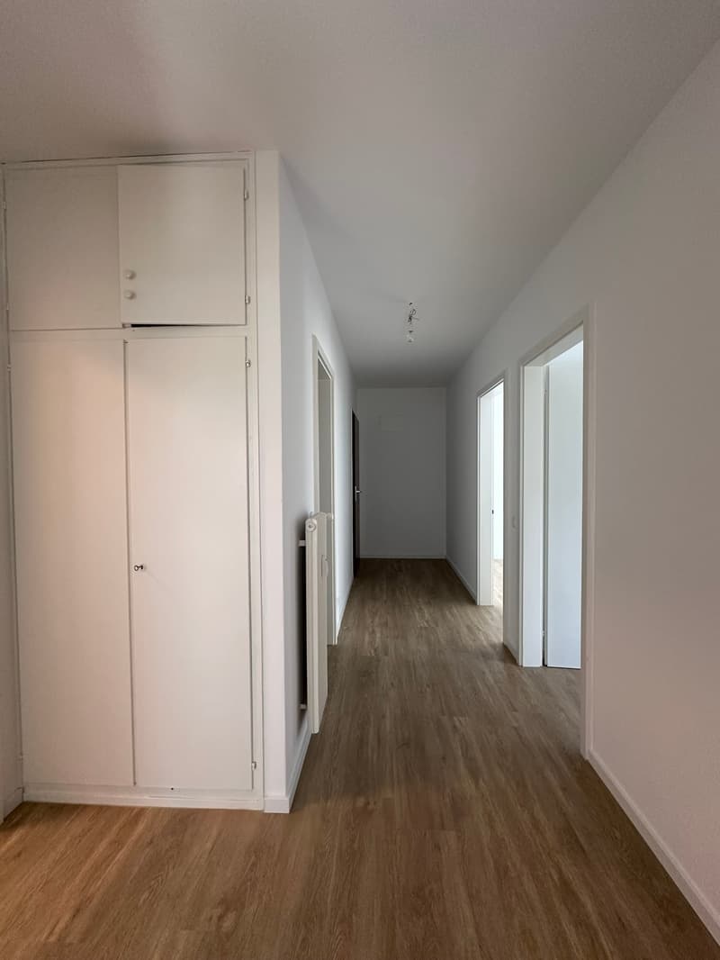Empty hallway with wooden floor, white walls, and white built-in wardrobes