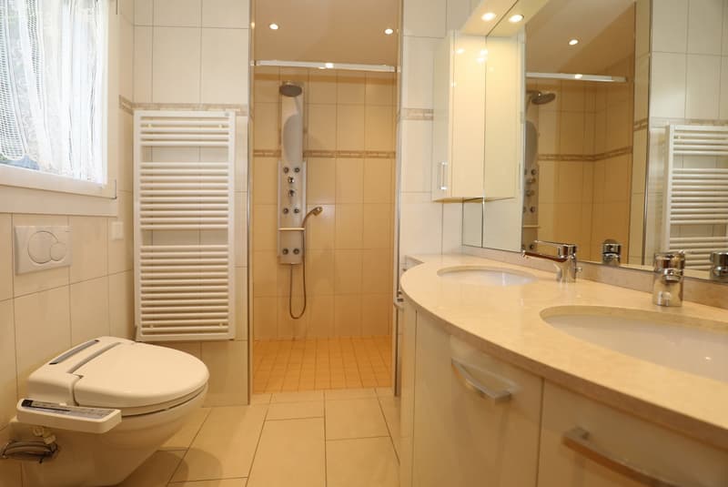 Spacious bathroom with tiled floors, a toilet, a vanity with a sink, a shower stall, and a towel warmer. The bathroom appears to be well-lit with recessed lighting and has a modern, clean design.