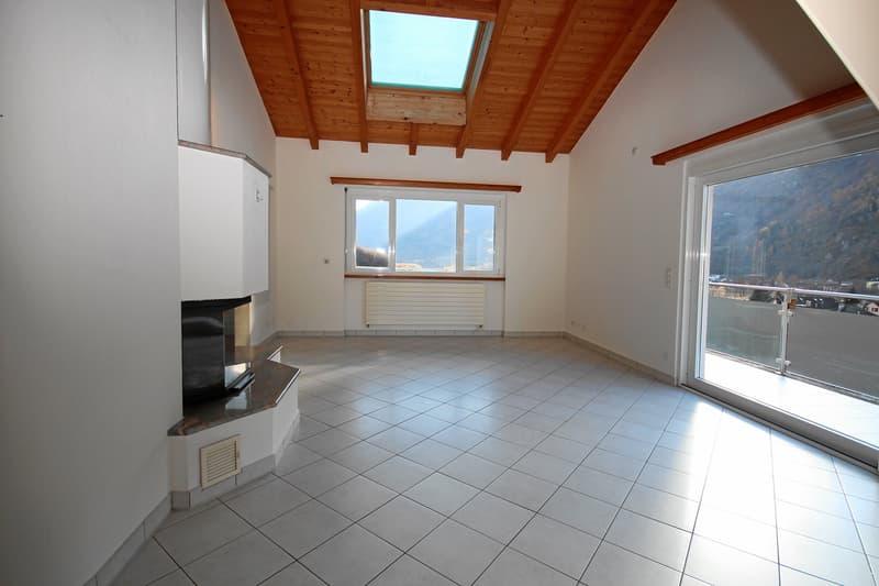 Fireplace, sliding glass door with balcony, windows, wooden ceiling, white tile flooring