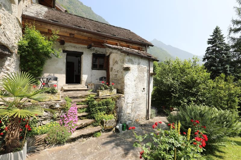Old stone house with wooden roof, surrounded by lush greenery and flowers, with a small porch and steps leading up to the entrance. The house is situated in a mountainous, forested area with a scenic backdrop.