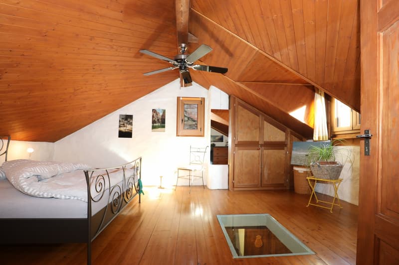 Cozy attic bedroom with wooden walls and ceiling, a ceiling fan, a metal bed frame, framed artwork on the walls, and a glass-topped table with a potted plant.