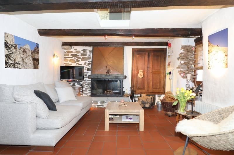 Fireplace, gray couch, wooden coffee table, TV, wooden cabinet, tiled floor