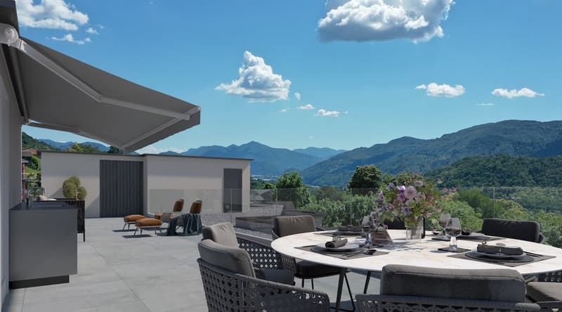 Terrace with a dining area, lounge chairs, a retractable awning, panoramic mountain views, and decorative elements.
