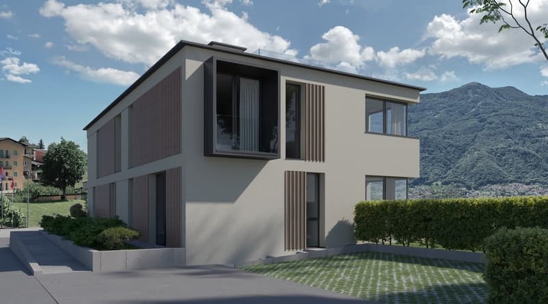 2 story modern house, grey exterior, large windows, glass balconies, green lawn, mountain view