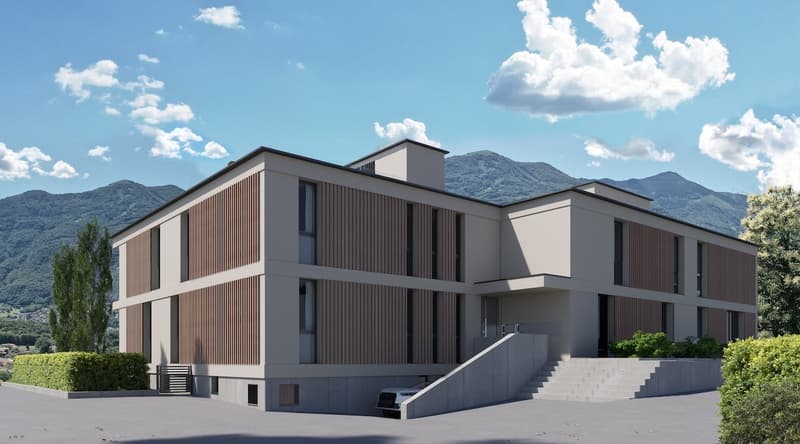 2-story building, modern design, brown wooden exterior, concrete steps, 4-story, driveway
