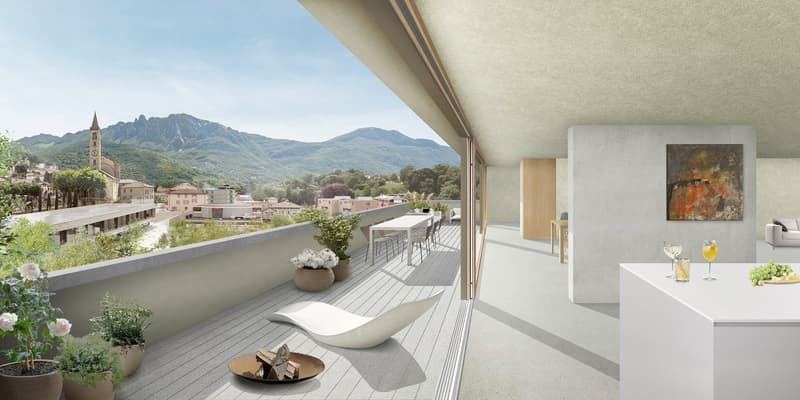 Balcony with view on a valley, table, white chair, lounge chair, plants, wine glasses, grapes, kitchen slab