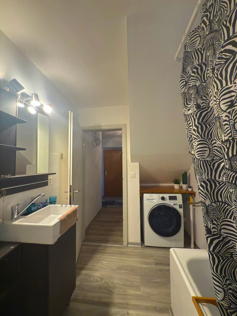 Sink, mirror, faucet, shelves, washing machine, bathtub, wooden floor