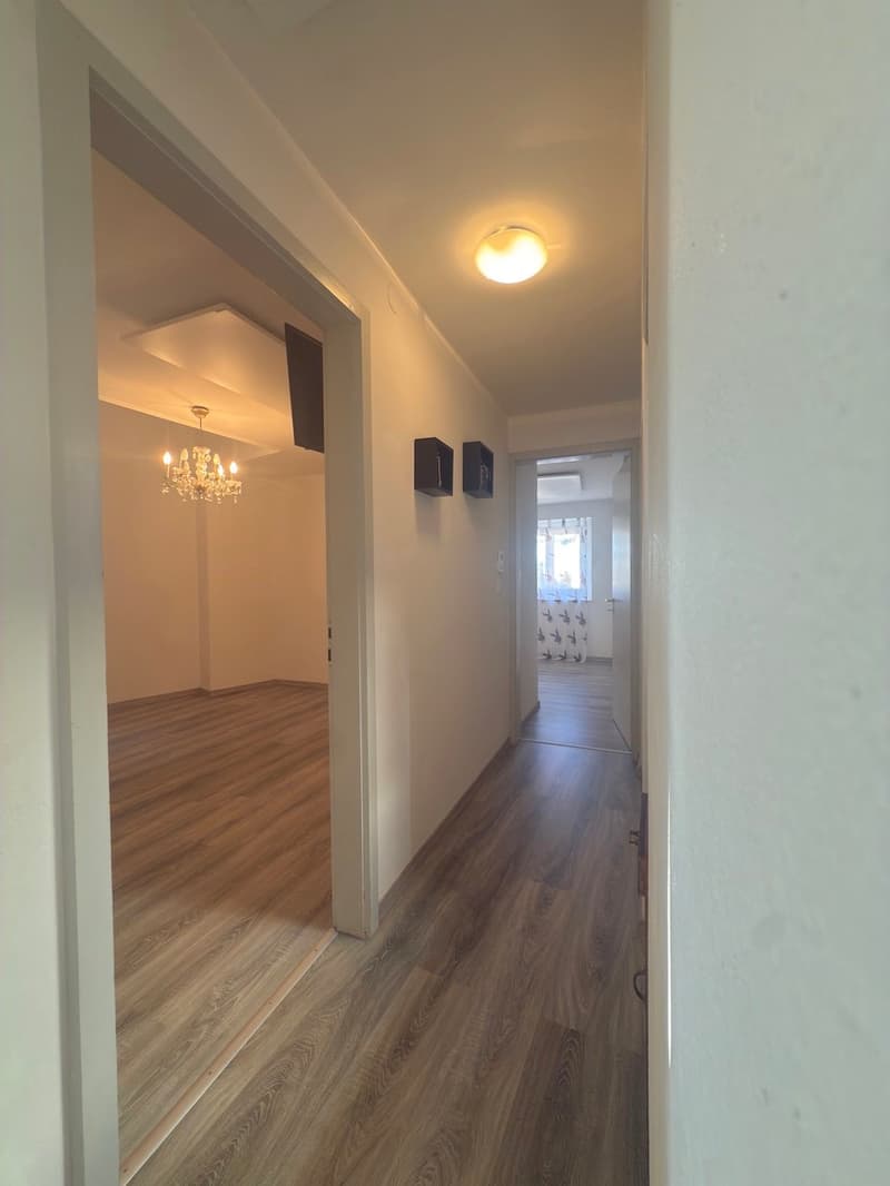 wooden floors, white walls, chandelier, ceiling light, hallway leading to the living room