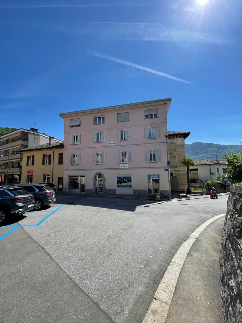 Four-story pink building with shops, cars parked, a pole, mountains in the background.