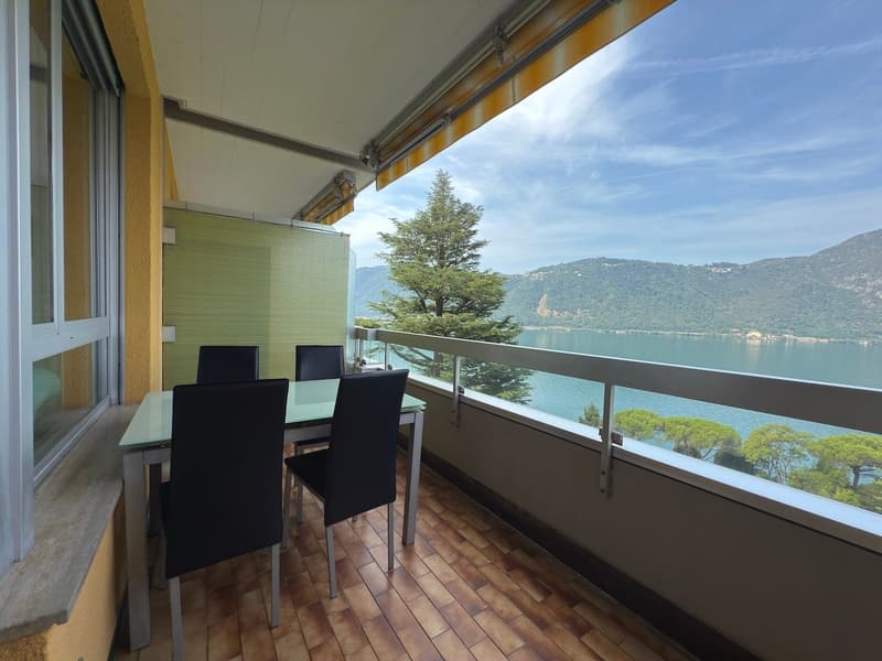 Balcony with a dining table, wooden flooring, railings, glass window, tree, lake, mountains