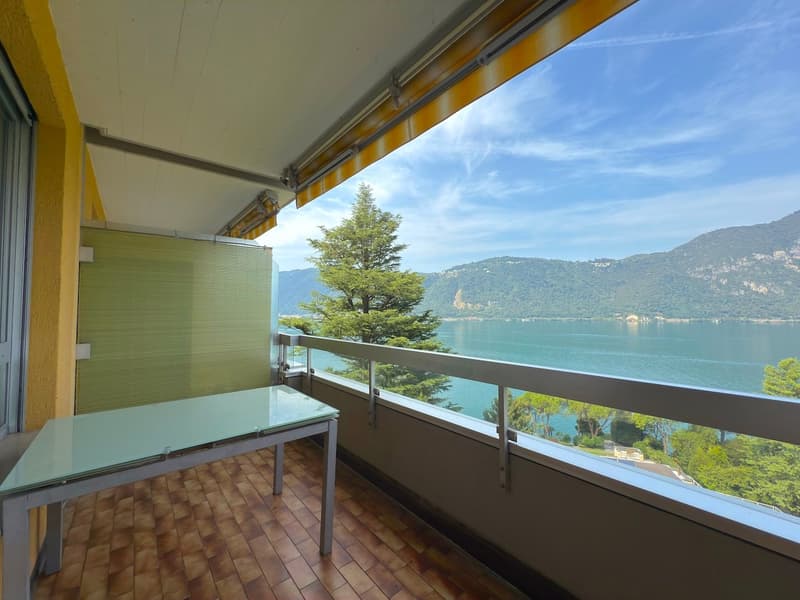 balcony with table and chairs, lake view, tree, mountains in the distance