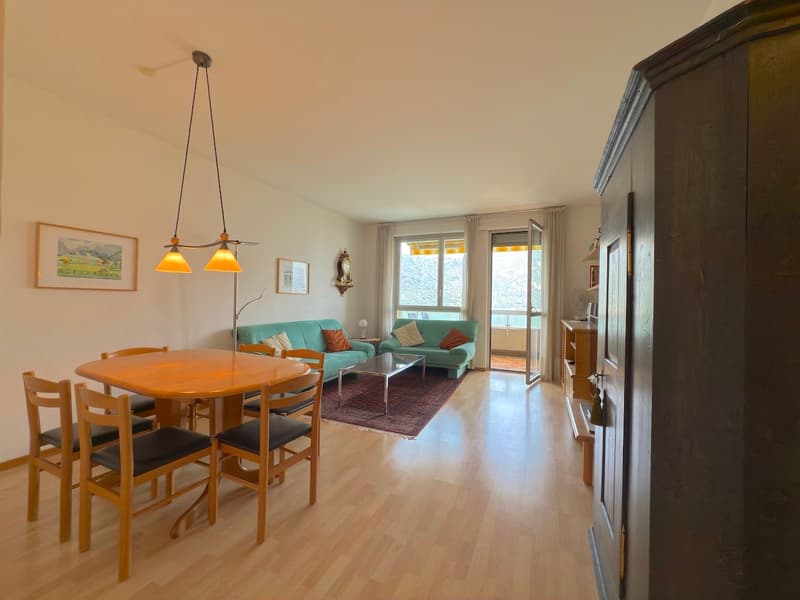 Balcony access, hardwood floors, dining table with chairs, green sofas, center table, rug, lamp, picture frames, shelves