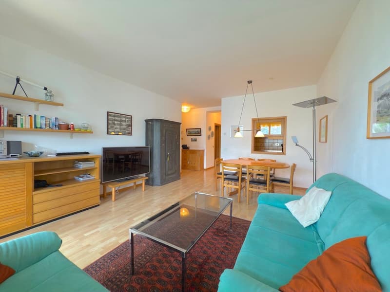 Living room with blue sofas, glass coffee table, carpet, wooden floor, dining area with table and chairs, TV, wooden entertainment center, and shelves with books