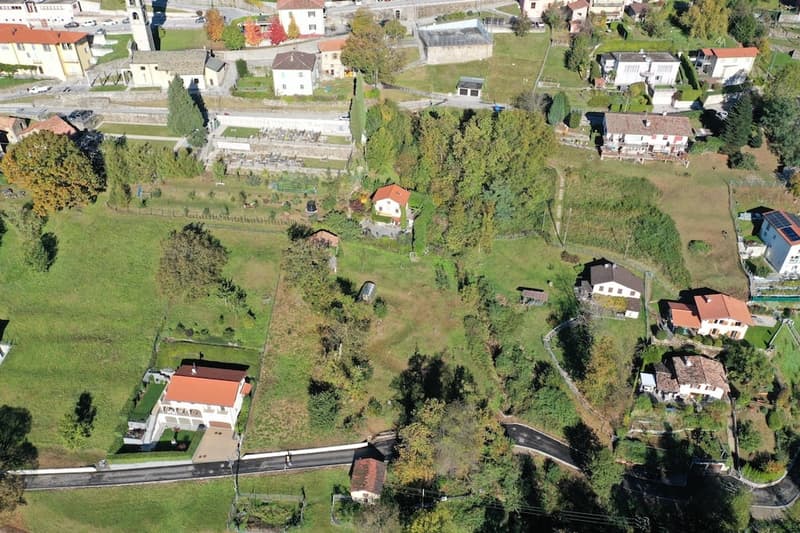 several houses, garden, trees, green field, swimming pool, driveway