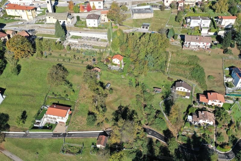 several houses in a rural setting, surrounded by trees, with some houses having red roofs and some having brown roofs
