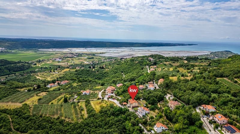 House in a rural area, surrounded by greenery, with a view of the sea and salt pans