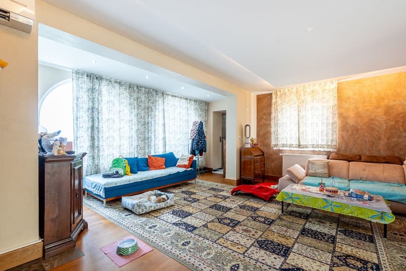 large living room with two sofas, coffee table, rug, wooden cabinet, air conditioner, windows with curtains