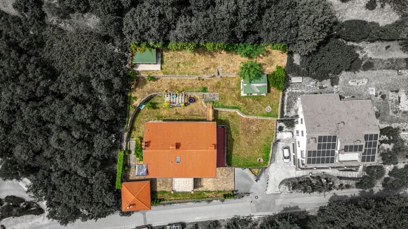 House with orange roof, solar panels on the roof, surrounded by trees, driveway, small garden, two smaller houses