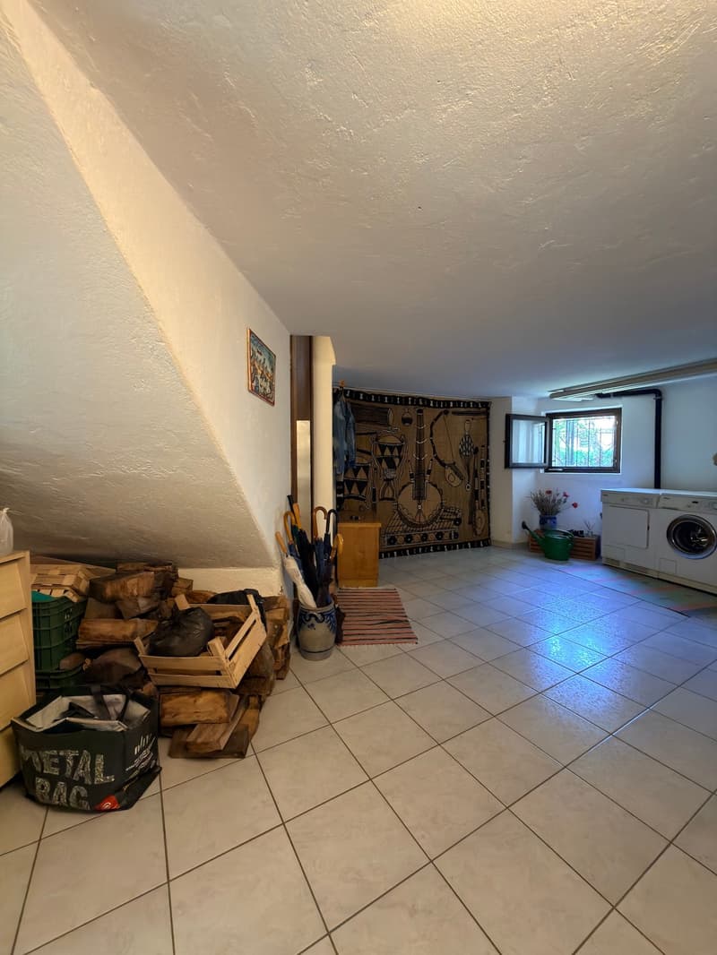 tiled floor, washing machine, wooden desk, rug, umbrellas, storage boxes, firewood, picture frame