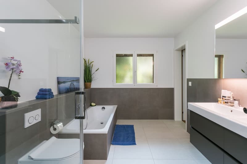 Badezimmer mit DU, WC, Badewanne, Doppellavabo und Fenster...