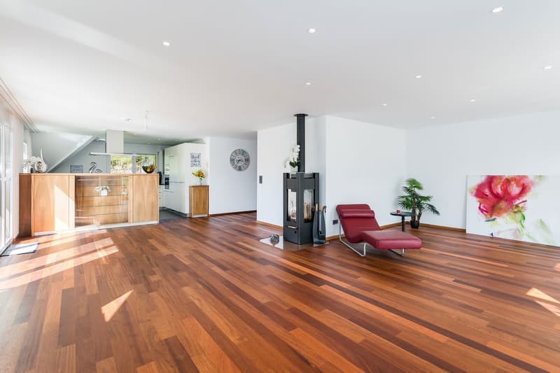 Das lichtdurchflutete, 49m2 grosse Wohn-/Esszimmer verleiht einem ein tolles Wohngefühl...