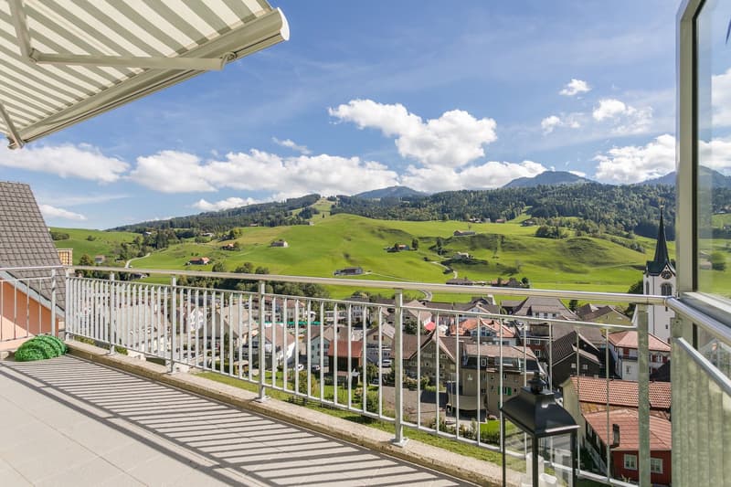 Blick in's Grüne und über's Dorf vom südostorientierten, Sonnenbalkon