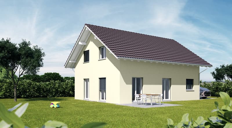 single-family house, brown roof, beige walls, large windows, patio with table and chairs