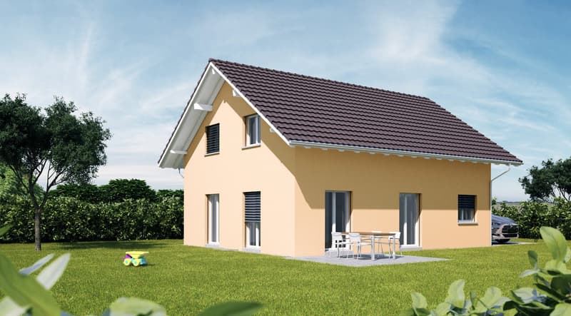 Single-family house, yellow exterior, brown roof, 3 windows, garage, outdoor dining table, car parked