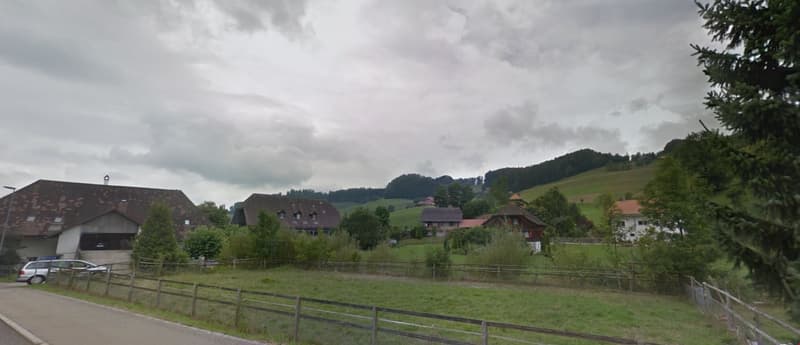 Houses in a rural area, surrounded by trees and grass, with a cloudy sky