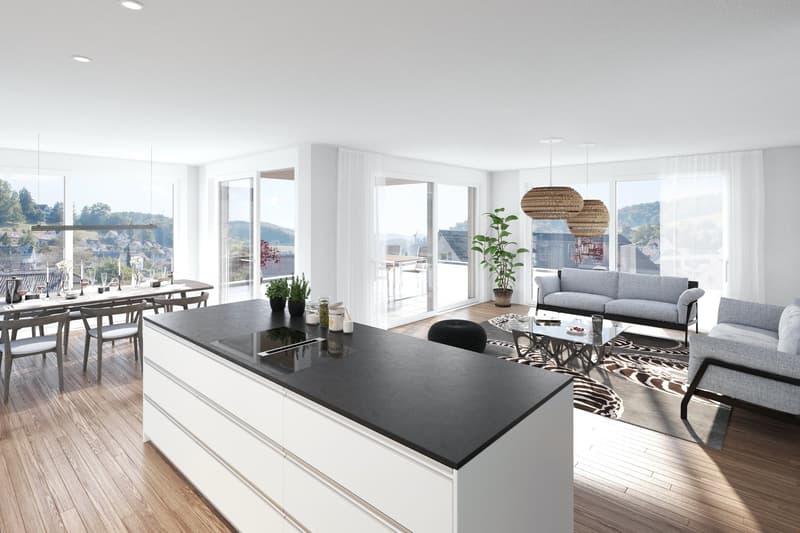 Open plan kitchen and living room, large windows, dining table, couch, coffee table, plants, wooden floor