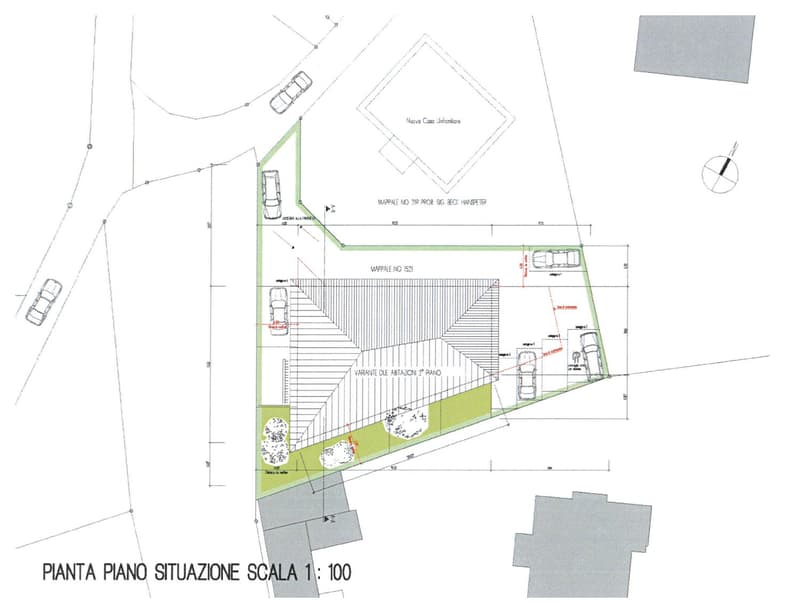 Plan showing parking places, building, and surrounding elements
