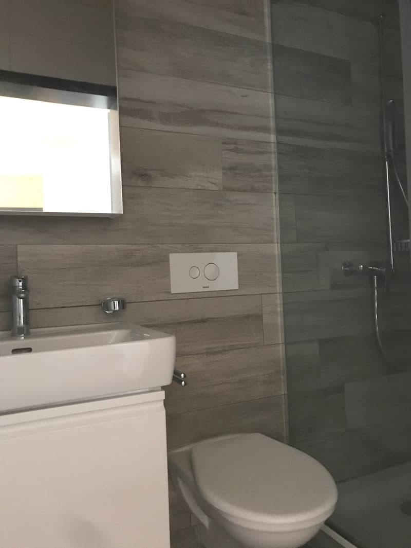 Modern bathroom with white sink, toilet, shower area with sliding door, wooden wall panels