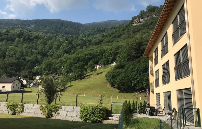 yellow building, multi-story building, fence, large trees, green grass, mountain