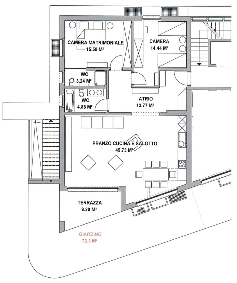 Master bedroom, second bedroom, living room, dining room, kitchen, hallway, bathroom, balcony, garden