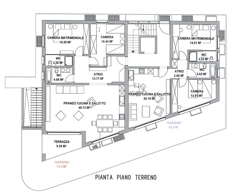 Ground floor: living room, kitchen and dining room, 2 bedrooms, 2 bathrooms, terrace
