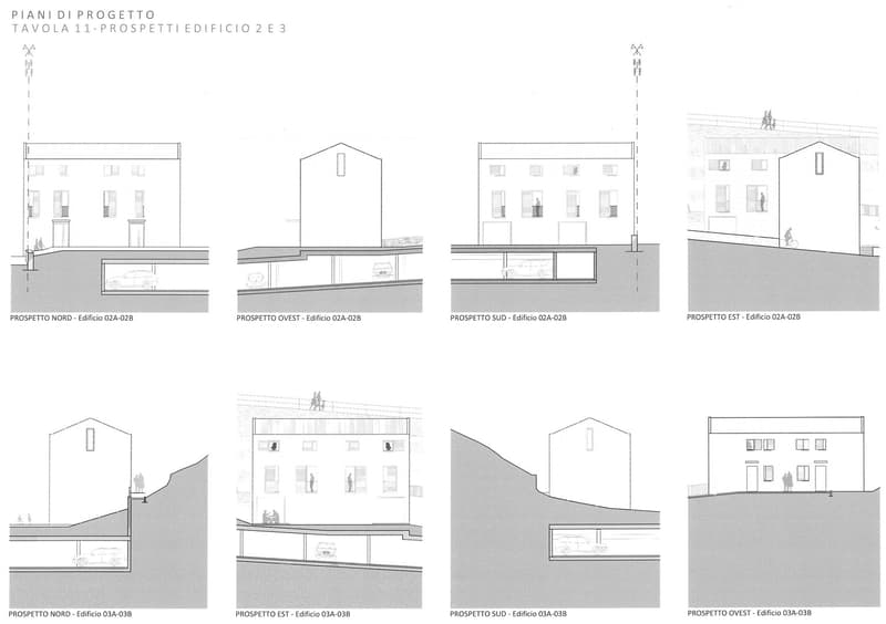 The image shows the floor plans and elevations of a multi-story building. It includes four different views of the building - North, West, South, and East. The floor plan indicates the presence of multiple rooms, including living rooms, kitchens, and bedro