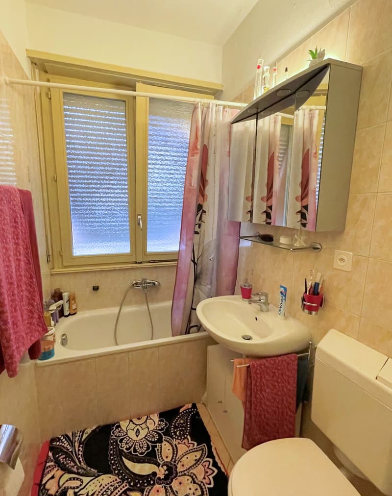 Bathroom with bathtub, white sink, toilet, mirror, shower curtain, towel rack, and a rug.