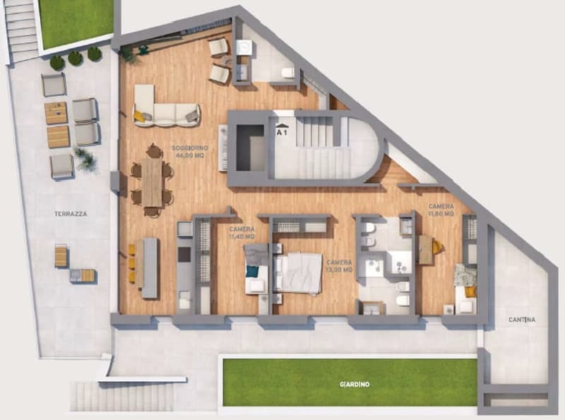 terrace, bedrooms, living room, kitchen, dining room, bathrooms