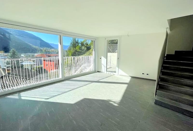 large windows, balcony, tiled floor, staircase