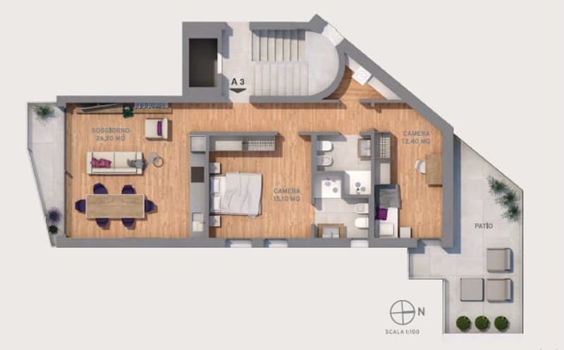 living room, bedroom, bathroom, kitchen, patio