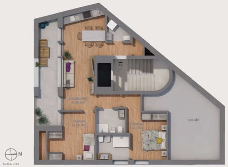 open-concept layout, living room, dining area, 2 bedrooms, 2 bathrooms, stairs, terrace