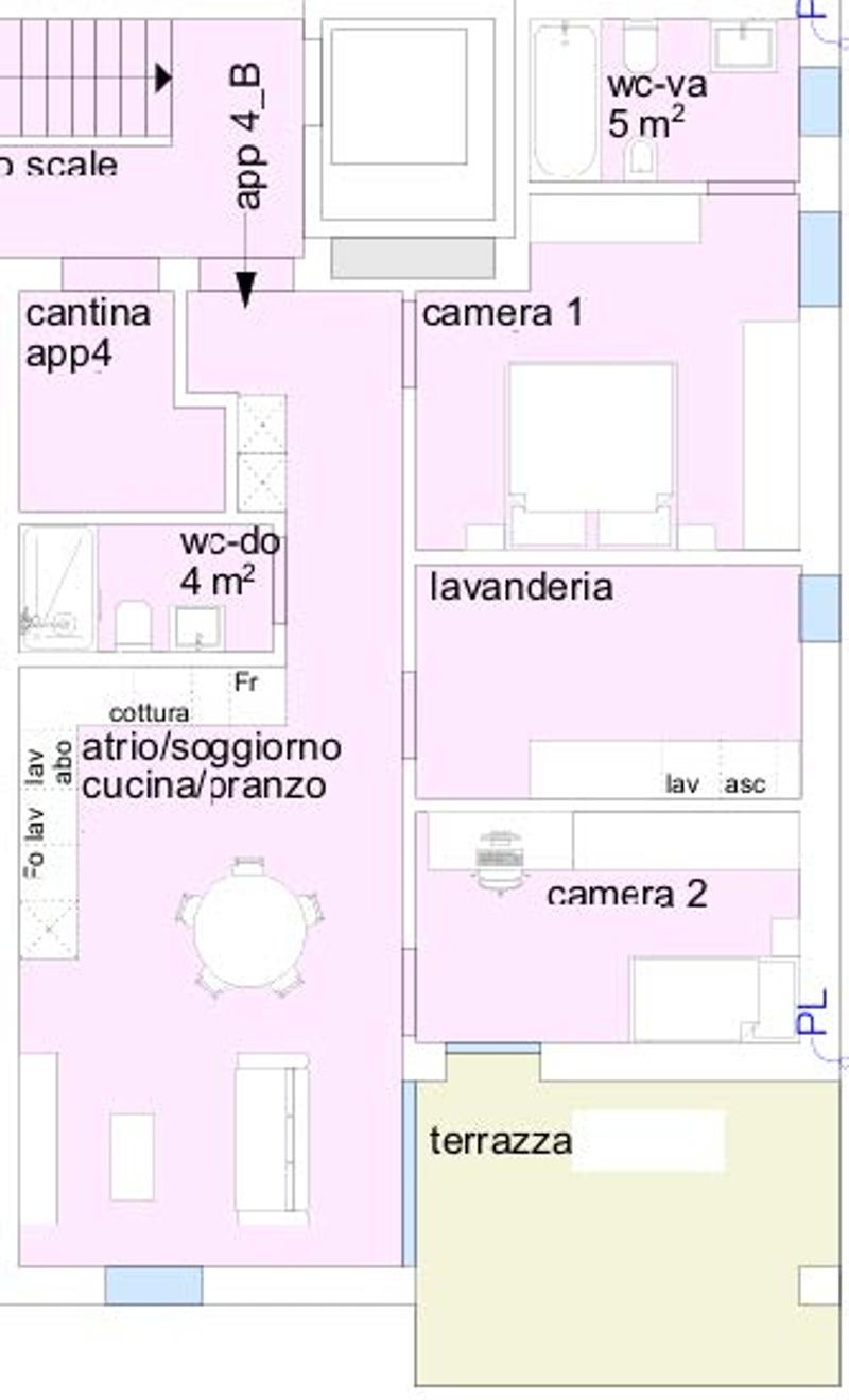 entrance, living room, bedroom, kitchen, two bathrooms, laundry room, storage, terrace
