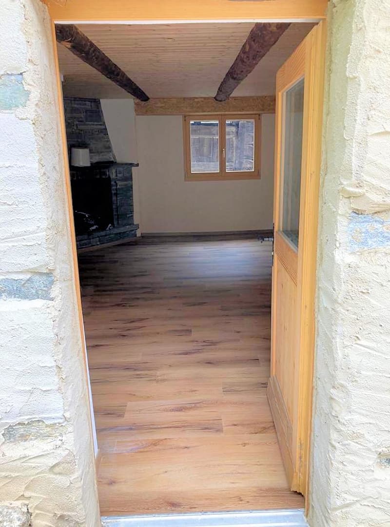 an empty room with hardwood flooring, brick fireplace, glass window, wooden door
